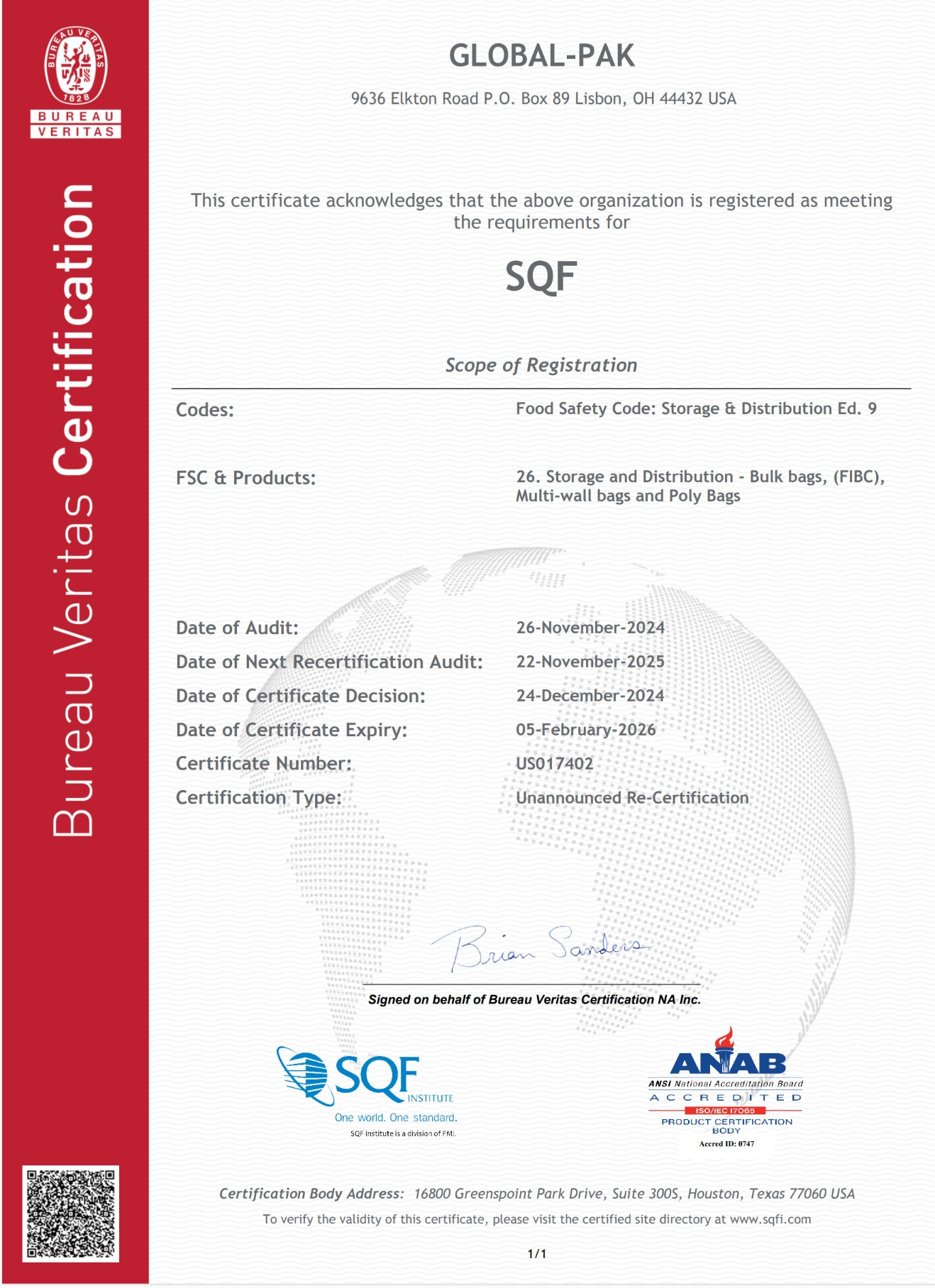 Global-Pak 2024 SQF Certificate