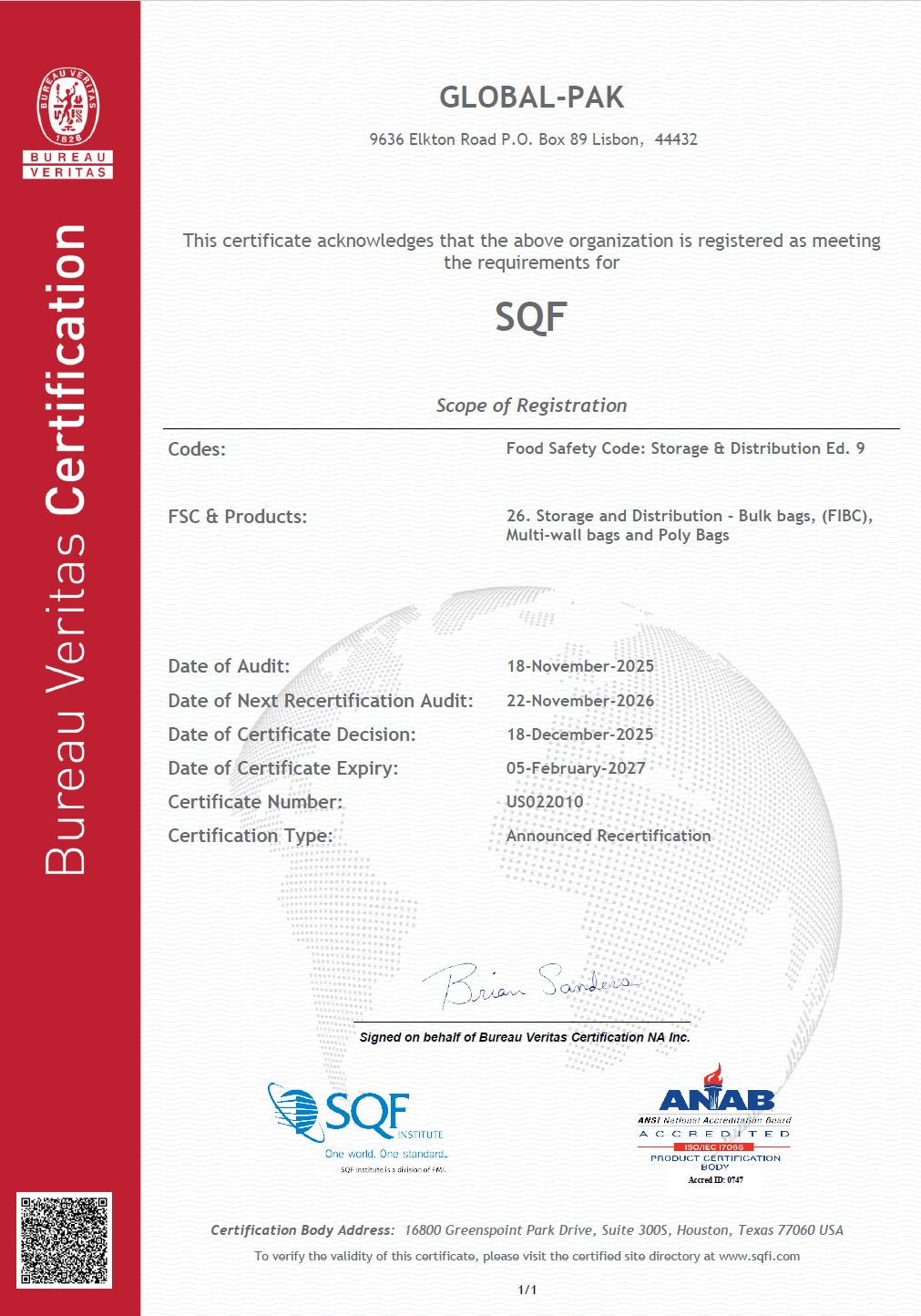 Global-Pak 2025 SQF Certificate